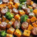 Sheet Pan Sausage and Sweet Potatoes with Honey Garlic Sauce